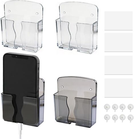 4 Pack Wall Mounted Phone Holder, Self-Adhesive Plastic Phone Stand with Data Cable Receiving Hole, Single Smartphone Organizer for Bedroom, Kitchen, Bathroom, Office (Clear, Translucent Black) in Saudi Arabia