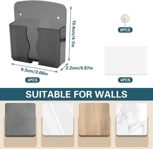4 Pack Wall Mounted Phone Holder, Self-Adhesive Plastic Phone Stand with Data Cable Receiving Hole, Single Smartphone Organizer for Bedroom, Kitchen, Bathroom, Office (Clear, Translucent Black) in Saudi Arabia