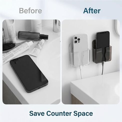 4 Pack Wall Mounted Phone Holder, Self-Adhesive Plastic Phone Stand with Data Cable Receiving Hole, Single Smartphone Organizer for Bedroom, Kitchen, Bathroom, Office (Clear, Translucent Black) in Saudi Arabia
