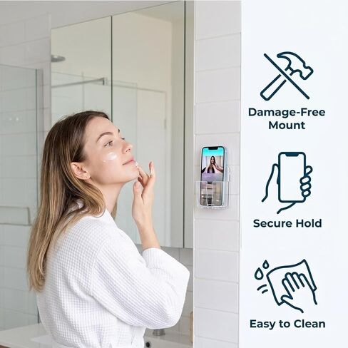 4 Pack Wall Mounted Phone Holder, Self-Adhesive Plastic Phone Stand with Data Cable Receiving Hole, Single Smartphone Organizer for Bedroom, Kitchen, Bathroom, Office (Clear, Translucent Black) in Saudi Arabia