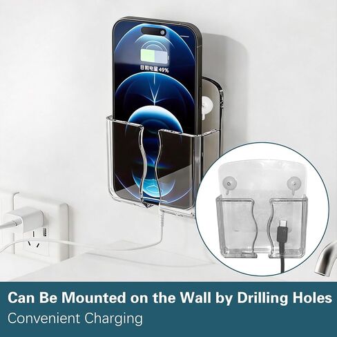 4 Pack Wall Mounted Phone Holder, Self-Adhesive Plastic Phone Stand with Data Cable Receiving Hole, Single Smartphone Organizer for Bedroom, Kitchen, Bathroom, Office (Clear, Translucent Black) in Saudi Arabia