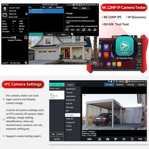 Rsrteng CCTV Tester 4K 12MP IP Camera Tester POE++ Max 90W POE Camera Test OPM/VFL/DMM,8MP TVI/CVI/AHD/CVBS Coaxial Camera Test 1CH SFP Module,WiFi,Network Tools,Cable Tester,HD/VGA,POE Detection in Saudi Arabia
