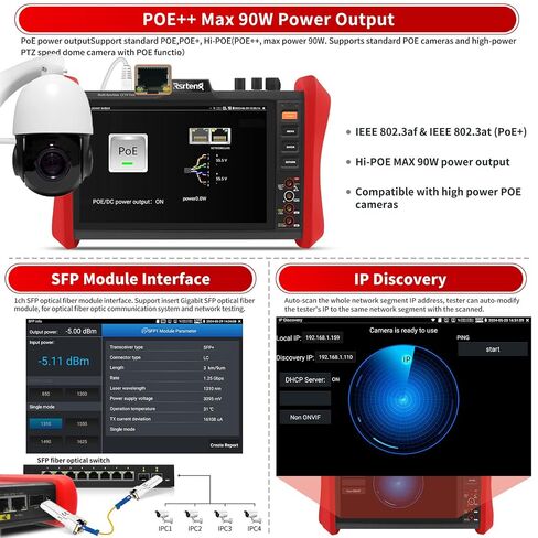 Rsrteng CCTV Tester 4K 12MP IP Camera Tester POE++ Max 90W POE Camera Test OPM/VFL/DMM,8MP TVI/CVI/AHD/CVBS Coaxial Camera Test 1CH SFP Module,WiFi,Network Tools,Cable Tester,HD/VGA,POE Detection in Saudi Arabia