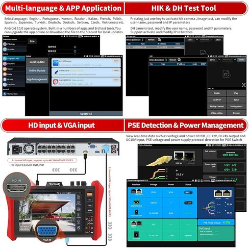 Rsrteng CCTV Tester 4K 12MP IP Camera Tester POE++ Max 90W POE Camera Test OPM/VFL/DMM,8MP TVI/CVI/AHD/CVBS Coaxial Camera Test 1CH SFP Module,WiFi,Network Tools,Cable Tester,HD/VGA,POE Detection in Saudi Arabia