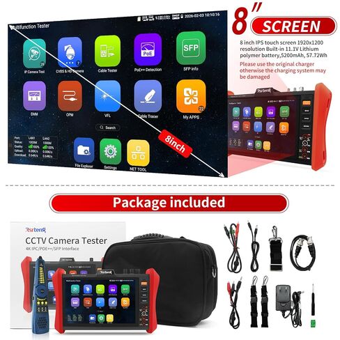 Rsrteng CCTV Tester 4K 12MP IP Camera Tester POE++ Max 90W POE Camera Test OPM/VFL/DMM,8MP TVI/CVI/AHD/CVBS Coaxial Camera Test 1CH SFP Module,WiFi,Network Tools,Cable Tester,HD/VGA,POE Detection in Saudi Arabia