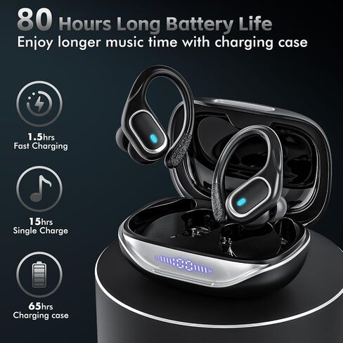 Wireless Earbuds Bluetooth Headphones 80Hrs Playtime Ear Buds IPX7 Waterproof Sports Earphones Wireless Charging Case Over-Ear Earhooks Headest - Black in Kuwait