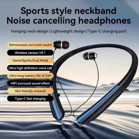 Neckband Bluetooth Headphones, 24H Playtime Wireless Neckband Headphones with Retractable Earbuds, HiFi Stereo Noise Cancelling Neckband Earphones for Sports Running in Saudi Arabia
