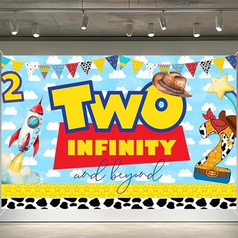 Blue Sky White Clouds Cartoon Story 2nd Birthday Party Banner Backdrop 2nd Bday Cowboy to Infinity and Two Beyond Bday Decorations Party Supplies for Boys in Saudi Arabia