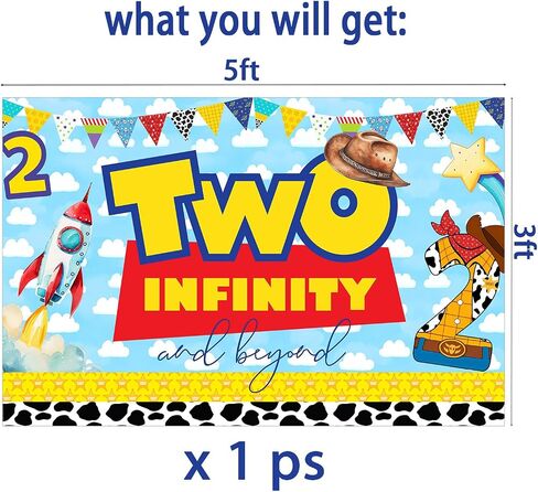 Blue Sky White Clouds Cartoon Story 2nd Birthday Party Banner Backdrop 2nd Bday Cowboy to Infinity and Two Beyond Bday Decorations Party Supplies for Boys in Saudi Arabia
