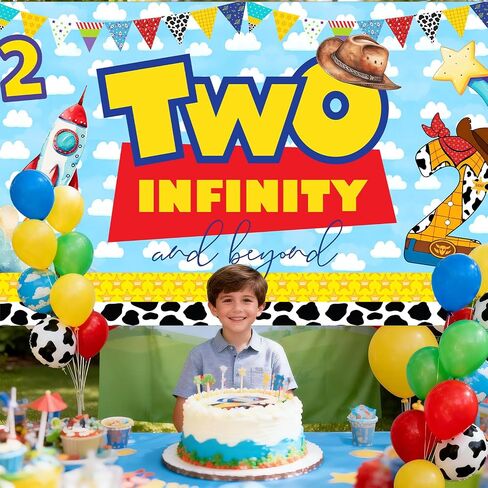 Blue Sky White Clouds Cartoon Story 2nd Birthday Party Banner Backdrop 2nd Bday Cowboy to Infinity and Two Beyond Bday Decorations Party Supplies for Boys in Saudi Arabia