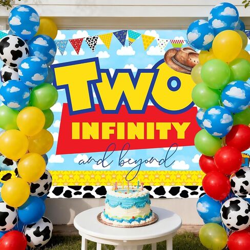 Blue Sky White Clouds Cartoon Story 2nd Birthday Party Banner Backdrop 2nd Bday Cowboy to Infinity and Two Beyond Bday Decorations Party Supplies for Boys in Saudi Arabia