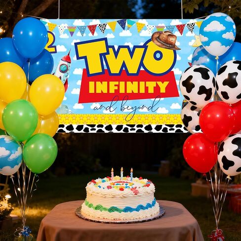 Blue Sky White Clouds Cartoon Story 2nd Birthday Party Banner Backdrop 2nd Bday Cowboy to Infinity and Two Beyond Bday Decorations Party Supplies for Boys in Saudi Arabia