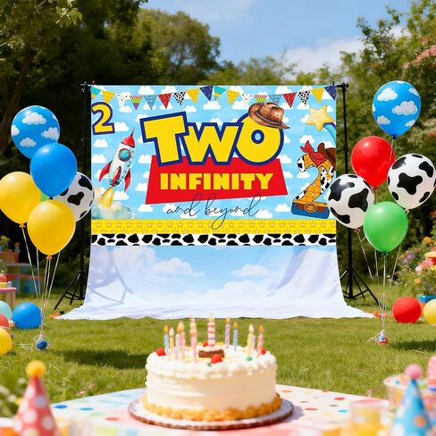 Blue Sky White Clouds Cartoon Story 2nd Birthday Party Banner Backdrop 2nd Bday Cowboy to Infinity and Two Beyond Bday Decorations Party Supplies for Boys in Saudi Arabia