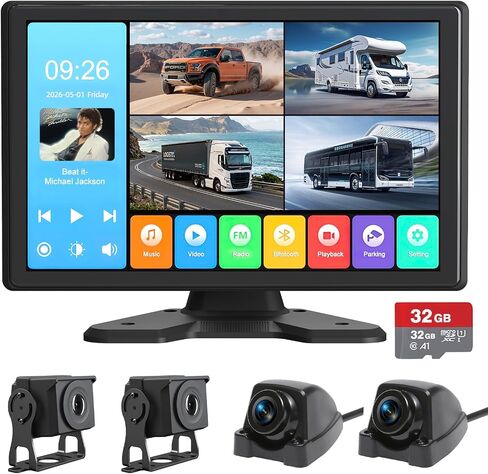 4 Channel Backup Camera System,Touchable 10.1 inch Monitor with DVR Loop Recording, IP69 Waterproof, Nightvision 1080P Camera for RV/Truck/Trailer Pickup, Wired (Cigarette Charger &32G) in Kuwait