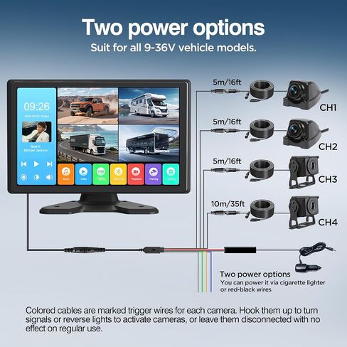 4 Channel Backup Camera System,Touchable 10.1 inch Monitor with DVR Loop Recording, IP69 Waterproof, Nightvision 1080P Camera for RV/Truck/Trailer Pickup, Wired (Cigarette Charger &32G) in Kuwait