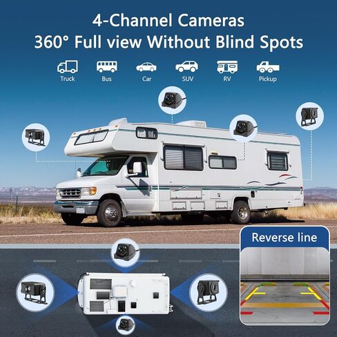 4 Channel Backup Camera System,Touchable 10.1 inch Monitor with DVR Loop Recording, IP69 Waterproof, Nightvision 1080P Camera for RV/Truck/Trailer Pickup, Wired (Cigarette Charger &32G) in Kuwait