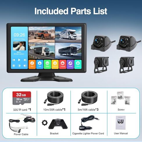 4 Channel Backup Camera System,Touchable 10.1 inch Monitor with DVR Loop Recording, IP69 Waterproof, Nightvision 1080P Camera for RV/Truck/Trailer Pickup, Wired (Cigarette Charger &32G) in Kuwait