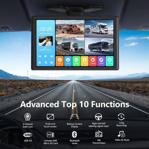 4 Channel Backup Camera System,Touchable 10.1 inch Monitor with DVR Loop Recording, IP69 Waterproof, Nightvision 1080P Camera for RV/Truck/Trailer Pickup, Wired (Cigarette Charger &32G) in Kuwait