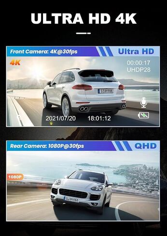 JOMISE Dash Cam Front and Rear 4K+1080P, 3" LCD, Starvis Sensor, Built-in GPS, WDR, Night Vision, Dash Camera for Cars with WiFi, Parking Mode, 32GB Card, Reliable Dashcam for Safety Recording in Saudi Arabia