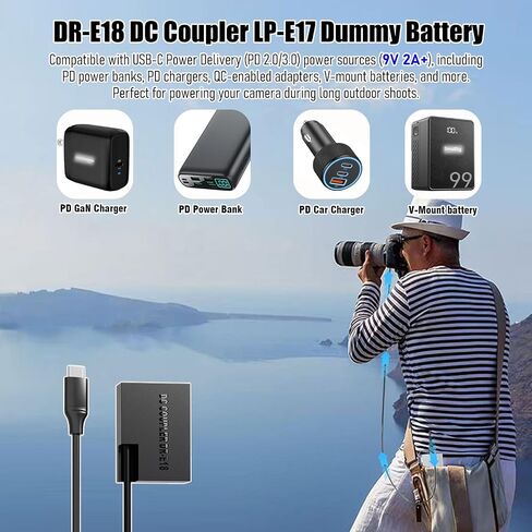 USB C Charger Block DR-E18 DC Coupler Cable, Replace LP-E17 Dummy Battery ACK-E18 AC Power Adapter, Compatible with Canon EOS RP R50 R100 R8 R10 77D 200D 750D 800D 8000D... in Saudi Arabia