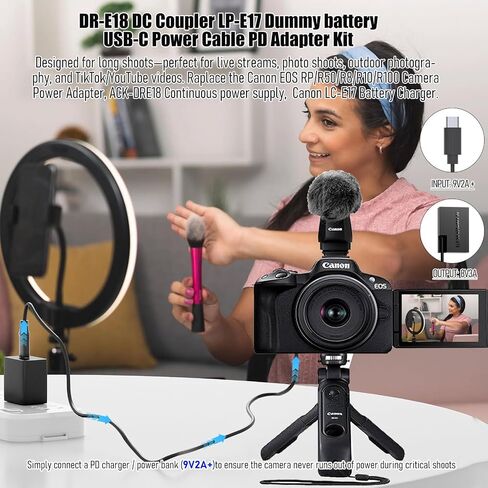 USB C Charger Block DR-E18 DC Coupler Cable, Replace LP-E17 Dummy Battery ACK-E18 AC Power Adapter, Compatible with Canon EOS RP R50 R100 R8 R10 77D 200D 750D 800D 8000D... in Saudi Arabia