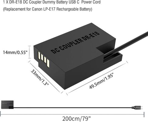 USB C Charger Block DR-E18 DC Coupler Cable, Replace LP-E17 Dummy Battery ACK-E18 AC Power Adapter, Compatible with Canon EOS RP R50 R100 R8 R10 77D 200D 750D 800D 8000D... in Saudi Arabia