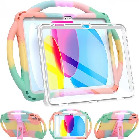 TOPESCT Kids Case for 11" iPad (A16) 11th Gen 2025,10.9" iPad 10th Gen 2022 - Made of Kid-Friendly Silicone, with Built-in Screen Protector, Shockproof Handle Stand Case (Rainbow) in Saudi Arabia