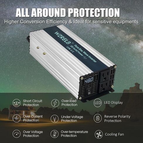 WZRELB 1200W Pure Sine Wave Inverter 12V DC to 110V 120V AC Power Converter with LED Display, Remote Controller, Off-Grid Power Inverter 2400W Surge for Home, RV, Truck, Camping in Saudi Arabia