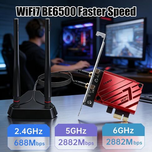 FENVI BE6500 WiFi 7 PCIe Network Card for Desktop PC,Tri-Band 2.4G/5G/6GHz Wireless Adapter with Bluetooth 5.4, 802.11be, MLO Low Latency,WPA3,Supports Windows 11/10 64-Bit for Intel & AMD,Gaming,VR in Saudi Arabia