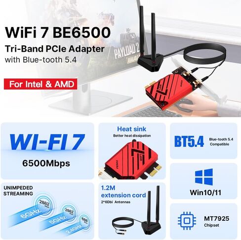 FENVI BE6500 WiFi 7 PCIe Network Card for Desktop PC,Tri-Band 2.4G/5G/6GHz Wireless Adapter with Bluetooth 5.4, 802.11be, MLO Low Latency,WPA3,Supports Windows 11/10 64-Bit for Intel & AMD,Gaming,VR in Saudi Arabia