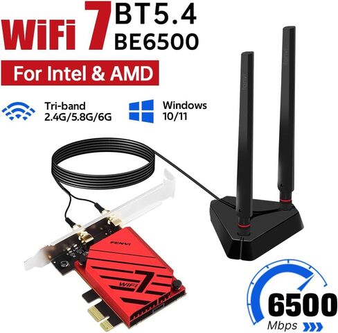 FENVI BE6500 WiFi 7 PCIe Network Card for Desktop PC,Tri-Band 2.4G/5G/6GHz Wireless Adapter with Bluetooth 5.4, 802.11be, MLO Low Latency,WPA3,Supports Windows 11/10 64-Bit for Intel & AMD,Gaming,VR in Saudi Arabia