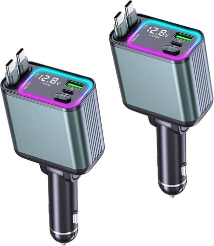 4 in 1 Retractable Car Charger with RGB Light, 92W Fast Charging USB C Car Adapter, Compact Car Phone Charger for iPhone/Galaxy/Pixel, Car Accessories for Women Men (Lightning + Type C Cable) in Saudi Arabia