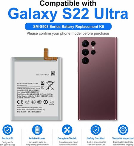 for S22 Ultra Battery EB-BS908ABY Replacement Kits for Samsung Galaxy S22 Ultra 5G SM-S908U/U1/W Series with Repair Tools Kit and User Manual in Saudi Arabia