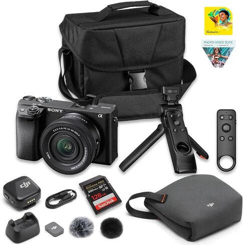 Sony a6400 Mirrorless Camera with 16-50mm II Lens & DJI Mic Mini Wireless Mic | 24.2MP APS-C, 4K S-Log, World's Fastest AF | Creator Bundle: 128GB Card, Case + Corel Software in Saudi Arabia