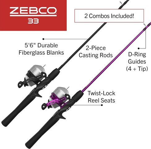 Zebco 33 Spincast Reel and 2-Piece Fishing Rod Combo, 5-Foot 6-Inch Durable Fiberglass Rod, Quickset Anti-Reverse Fishing Reel with Bite Alert in Saudi Arabia