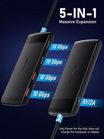 Lemorele USB C Hub 5-in-1 10Gbps, 2 USB A & 2 C Data Ports, 7.9in Cable in Kuwait
