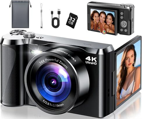 كاميرا رقمية بدقة 4K للتصوير الفوتوغرافي، وكاميرا تسجيل فيديو بتركيز تلقائي بدقة 56 ميجابكسل مع شاشة قلاب مقاس 3 بوصات بزاوية 180 درجة، وتكبير/تصغير 16X، وكاميرا مدمجة للتصوير والتصوير للمبتدئين والمراهقين in Kuwait