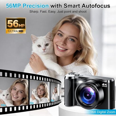 كاميرا رقمية بدقة 4K للتصوير الفوتوغرافي، وكاميرا تسجيل فيديو بتركيز تلقائي بدقة 56 ميجابكسل مع شاشة قلاب مقاس 3 بوصات بزاوية 180 درجة، وتكبير/تصغير 16X، وكاميرا مدمجة للتصوير والتصوير للمبتدئين والمراهقين in Kuwait
