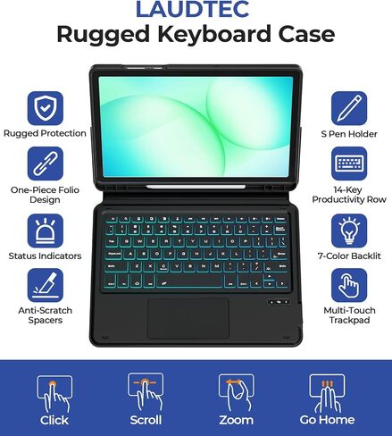[ترقية] حافظة LAUDTEC متينة مع لوحة مفاتيح مدمجة ولوحة تتبع كبيرة لجهاز Samsung Galaxy Tab A9+ / A11+ Plus 5G 11" 2025، حامل قابل للتعديل، إضاءة خلفية، حامل قلم S، للطلاب والسفر، أسود in Kuwait