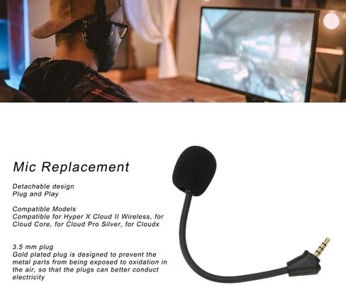 3.5mm Gold Plated Curved Plug Mic Replacement 5.91in Detachable Game Microphone for Hyper X Cloud II for Cloud Core for Cloud Pro Silver for Cloudx in Saudi Arabia