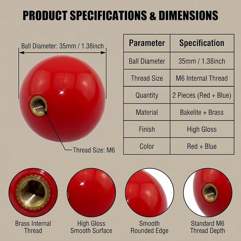 2Pcs 35mm Joystick Ball Top ABS Metal Threaded Knob Replacement Arcade Game Controller Sticks Handle Rocker Round Head(Red+Blue) in Saudi Arabia