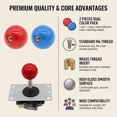 2Pcs 35mm Joystick Ball Top ABS Metal Threaded Knob Replacement Arcade Game Controller Sticks Handle Rocker Round Head(Red+Blue) in Saudi Arabia
