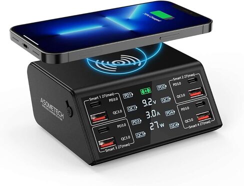 شاحن USB، محطة شحن USB متعددة 100 وات 8 منافذ ASOMETECH مع 4 شحن سريع 3.0، 4 منافذ USB C PD، شاحن لاسلكي، محور شحن سريع بشاشة LCD لهاتف iPhone 13 12 iPad Samsung والمزيد in Kuwait
