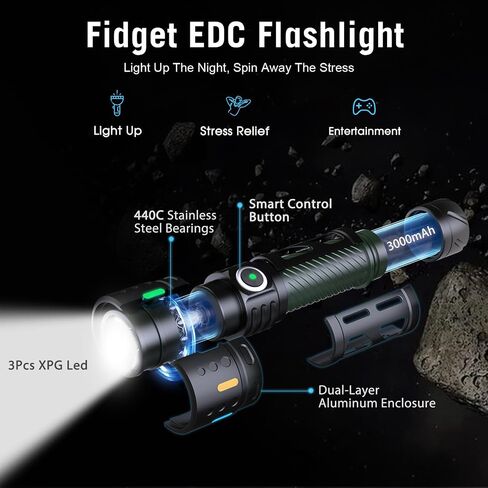 Hoxida Rechargeable Small Flashlight with Built-in Fidget Spinner Black in Kuwait