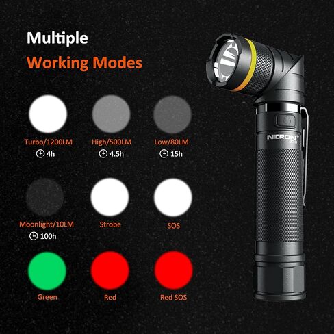 NICRON Flashlights,Rechargeable Magnetic LED Flashlights,1200 High lumens Tactical Flashlight,White/Red/Green Lights USB Charging,90 Degree Twist,IP65 Waterproof Outdoor in Kuwait