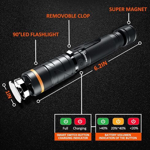 NICRON Flashlights,Rechargeable Magnetic LED Flashlights,1200 High lumens Tactical Flashlight,White/Red/Green Lights USB Charging,90 Degree Twist,IP65 Waterproof Outdoor in Kuwait