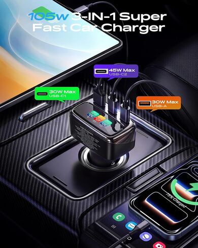 شاحن سيارة 105 واط 3 منافذ USB C محول شحن سريع مع شاشة رقمية in Kuwait