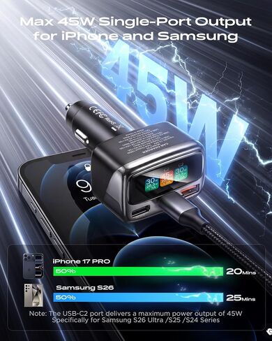شاحن سيارة 105 واط 3 منافذ USB C محول شحن سريع مع شاشة رقمية in Kuwait