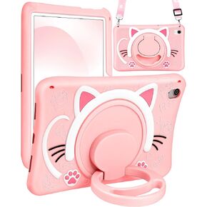 Wazzasoft for iPad 9th/8th/7th Generation Case 10.2 Inch Cute Girls Kawaii Cover Girly 3D Cat Cartoon Women with Rotating Handle Stand & Strap Soft Silicone Funda for Apple iPad Cases 9th/8th/7th Gen in Saudi Arabia