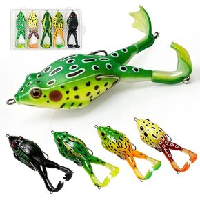 5PCS Topwater Prop Frog Lures Kit, Hollow Body Soft Fishing Frogs with Weedless Hooks, Floating Bass Lures with Tackle Box for Largemouth Bass, Pike, Snakehead Freshwater Saltwater Fishing in Kuwait